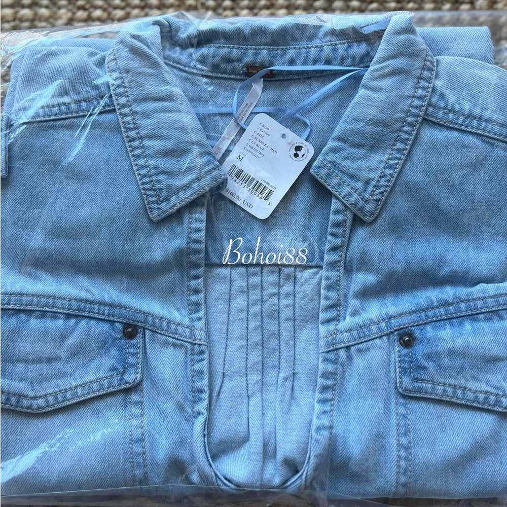 NWT Free People Rowley Denim Mini Dress Belted Button Front Plunge V-Neck - Picture 8 of 11